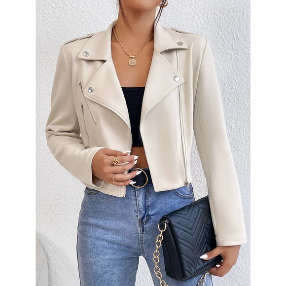 Lapel collar Zip Up vegan Moto Jacket beige cream - Picture 3 of 11